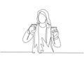 One single line drawing of young beauty female office employee holding two cup paper of coffee drink to her work partner Royalty Free Stock Photo