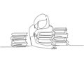 One single line drawing of young bored female college student fall asleep on pile of books while studying at library. Learning