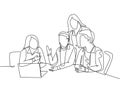 One single line drawing of young business men watching laptop screen during meeting with colleagues at office room. Brainstorming