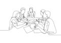 One single line drawing of young company founders brainstorming innovation ideas in a business meeting with colleagues