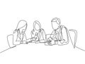 One single line drawing of young company founders brainstorming innovation ideas in a business meeting with colleagues. Startup