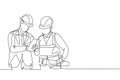 One single line drawing of young construction manager do short brief to builder coordinator. Building architecture business