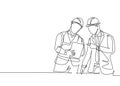 One single line drawing of young construction manager giving instruction to foreman coordinator. Building architecture business