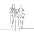 One single line drawing of young couple male and female employees discussing new strategy plan to company growth. Urban commuter