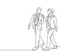 One single line drawing of young couple male and female employees discussing new strategy plan to write annual report. Urban