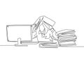 One single line drawing of young depression female employee sitting in front of computer and stack of papers and covered her head
