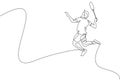 One single line drawing of young energetic badminton player jumping and smash shuttlecock vector illustration. Healthy sport Royalty Free Stock Photo