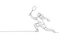 One single line drawing of young energetic badminton player jumping and smash shuttlecock vector illustration. Healthy sport Royalty Free Stock Photo