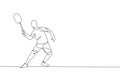 One single line drawing of young energetic badminton player jumping and smash shuttlecock vector illustration. Healthy sport Royalty Free Stock Photo
