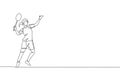 One single line drawing young energetic badminton player ready to hit shuttlecock vector graphic illustration. Healthy sport