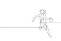 One single line drawing of young energetic basketball woman player dribbling ball vector illustration. Sports competition concept