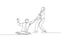 One single line drawing of young energetic businessman helps pull his colleague who falls into the hole to go out