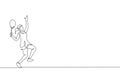 One single line drawing of young energetic female tennis player hit the ball vector illustration. Sport training concept. Modern Royalty Free Stock Photo