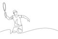 One single line drawing of young energetic male tennis player hit the ball from opponent vector illustration. Sport training Royalty Free Stock Photo