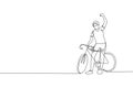 One single line drawing of young energetic man bicycle racer raise hand after finish race. Racing cyclist concept vector Royalty Free Stock Photo