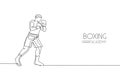 One single line drawing of young energetic man boxer ready to attack opponent vector illustration. Sport combative training