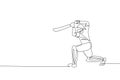 One single line drawing of young energetic man cricket player focus to receive ball from pitcher vector illustration. Sport