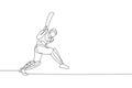 One single line drawing young energetic man cricket player hit the ball to make home run graphic vector illustration. Sport