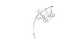 One single line drawing of young energetic man exercise pole vault to pass the bar at field vector illustration. Healthy athletic