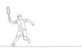 One single line drawing young energetic man tennis player hit the ball graphic vector illustration. Sport training concept. Modern