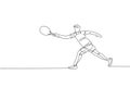 One single line drawing young energetic man tennis player hit the ball vector graphic illustration. Sport training concept. Modern Royalty Free Stock Photo