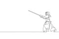 One single line drawing young energetic man train attack skill on kendo with wooden sword at martial art center vector