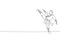 One single line drawing young energetic shaolin monk man exercise kung fu fighting at temple vector illustration graphic. Ancient