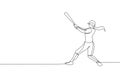 One single line drawing of young energetic woman baseball player practice to hit the ball vector illustration. Sport training Royalty Free Stock Photo