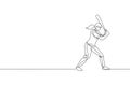 One single line drawing of young energetic woman baseball player practice to hit the ball vector illustration. Sport training Royalty Free Stock Photo