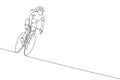 One single line drawing young energetic woman bicycle racer race at cycling track graphic vector illustration. Racing cyclist
