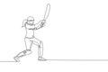 One single line drawing of young energetic woman cricket player standing and hit the ball so hard vector illustration. Sport