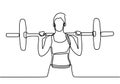 One single line drawing of young energetic woman exercise lifting barbell in gym fitness center vector illustration. Lady work out