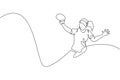 One single line drawing of young energetic woman table tennis player defense from rival vector illustration. Sport training
