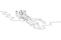 One single line drawing of young energetic woman waving her hand while scuba diving to explore fish life on sea ocean vector