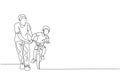 One single line drawing of young father teaching his boy kid riding bicycle at public park graphic vector illustration. Fatherhood