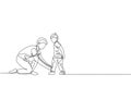 One single line drawing young father tying his son shoelaces before go to school, parenting time vector illustration. Happy family