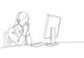 One single line drawing of young female customer service care listening pensively call from client sitting in front of computer