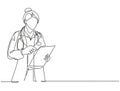 One single line drawing of young female doctor reading patient medical record on clipboard while stand at hospital hallway.