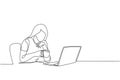 One single line drawing of young female employee staring at laptop and thinking for business innovation ideas. Drinking coffee Royalty Free Stock Photo