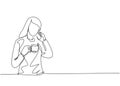 One single line drawing of young female office employee calling her work partner while holding a cup of coffee drink. Drinking tea Royalty Free Stock Photo
