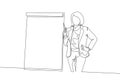 One single line drawing of young female presenter pointing the finger to the attendees who want to ask. Business presentation