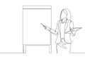 One single line drawing of young female presenter teaching how to do effective presentation. Productive presentation at the office