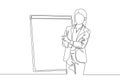 One single line drawing of young female presenter thinking while doing presentation at the office during meeting