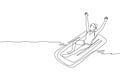 One single line drawing young fit happy woman relaxing at air mattress in indoor pool sport center vector illustration graphic.