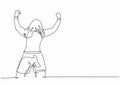 One single line drawing of young football player celebrating his goal scoring with covering his head with the jersey on field.