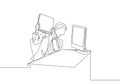 One single line drawing of young furious male worker ready to smash monitor computer using file folder. Work overload