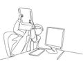 One single line drawing of young furious male worker ready to smash monitor computer using file folder. Work overload at the