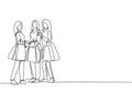 One single line drawing young group of happy women holding paper bags after shopping together at mall. Commercial retail fashion Royalty Free Stock Photo