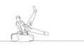 One single line drawing of young handsome gymnast man exercising pommel horse graphic vector illustration. Healthy lifestyle and