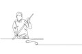 One single line drawing of young handsome man playing pool billiards at billiard room vector graphic illustration. Indoor sport Royalty Free Stock Photo